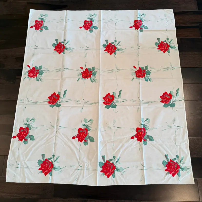 Vintage linen tablecloth Red Roses & Green Foliage 48 X 54.5”