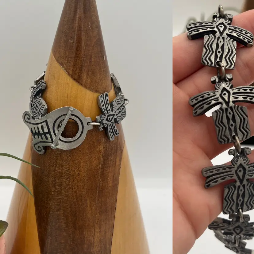 #J15 - Dragonfly Alice Seely Stamped Urban Fetishes Pewter Link Bracelet, 6.25”