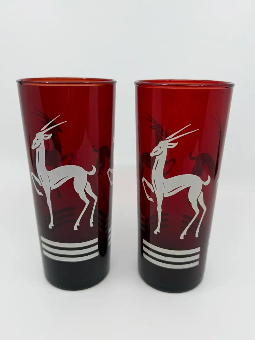 2 Vintage Hazel Atlas Cranberry Red Collins Glasses Gazelle Art Deco Design