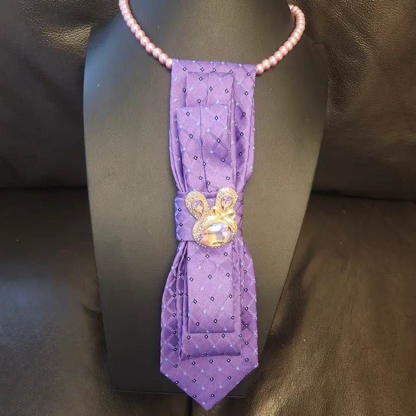 Upcycled Purple Elegance Tie Necklace with Brooch