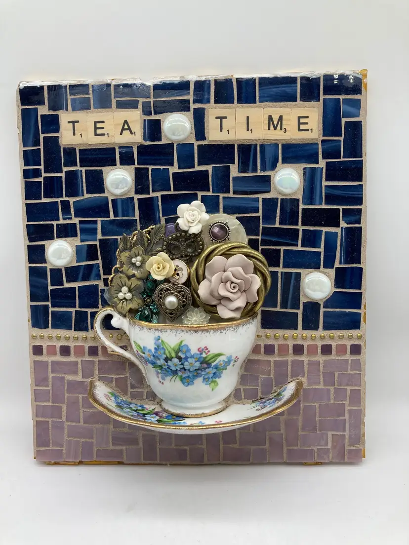 'Tea Time' Jewelry Flowers Assemblage with Glass and Tile on Board
