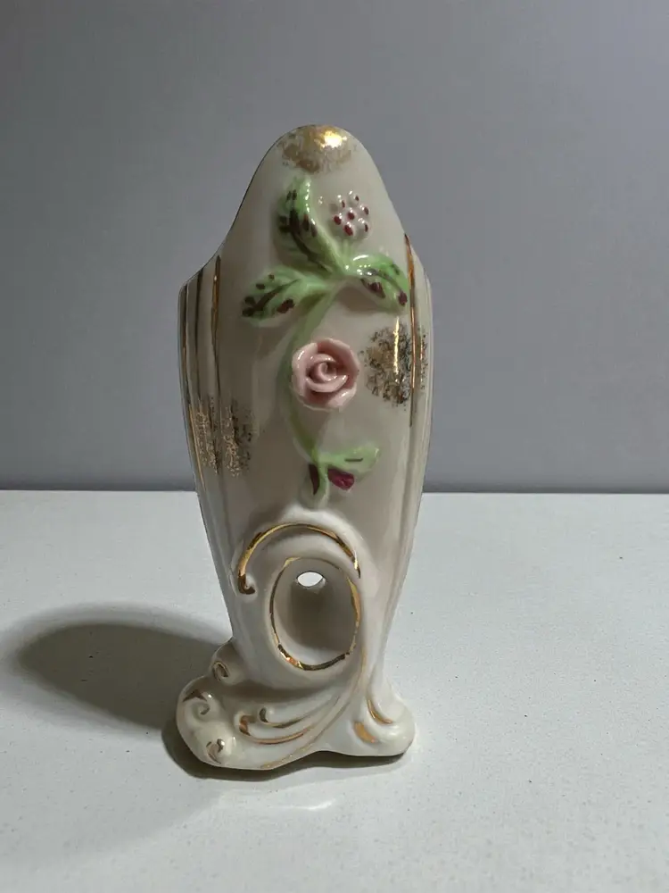 Vintage Occupied Japan Double Buds Hole In The Center Small Applied Rose Victorian Style 5.5" X 2.25"