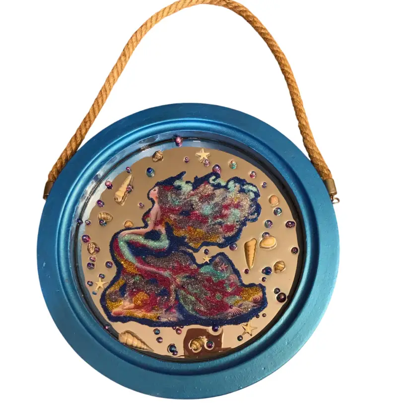 Round Mermaid Hanging Upcycled Coastal Mirror