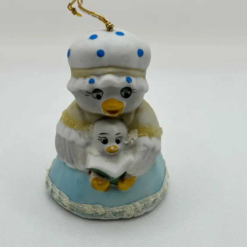 Vintage Dinner Bell Mother Duck Goose Chicken & Baby Duckling Gosling Chickadee Pattern Figurine Ceramic With Palmate Feet Hanging Clapper, Caring Critter Chimers By Jasco, Made In Taiwan