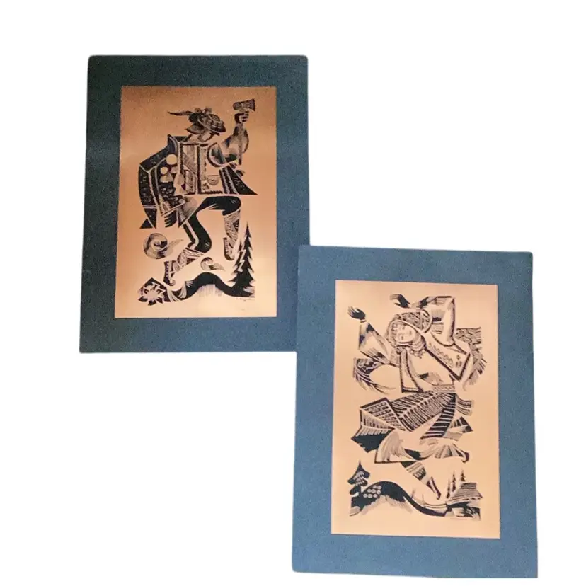 Vintage Etched Copper On Wood Traditional Ukrainian Hutsul Couple Artwork Signed E. Kodak
