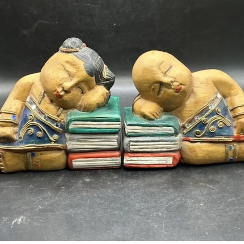 2 ASIAN WOOD CARVING BOOKENDS GIRL, BOY SLEEPING ON BOOKS HAND PAINTED SCULPTURE