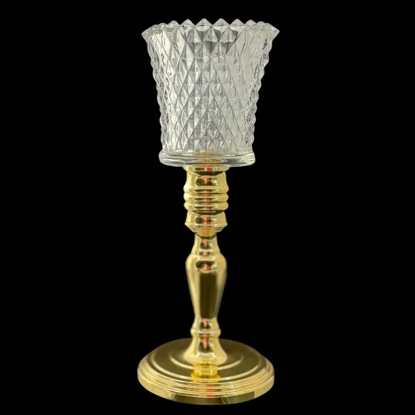 Vintage Baldwin Solid Brass Candlestick with Clear Glass Diamond Point Peg Votive Holder
8” T x 3.25” W