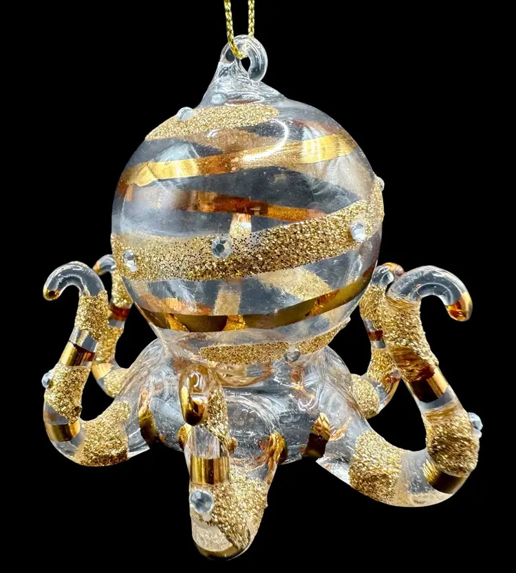 Blown Glass Octopus Ornament Gold Tone Glitter Rhinestone Tentacle Christmas 3”