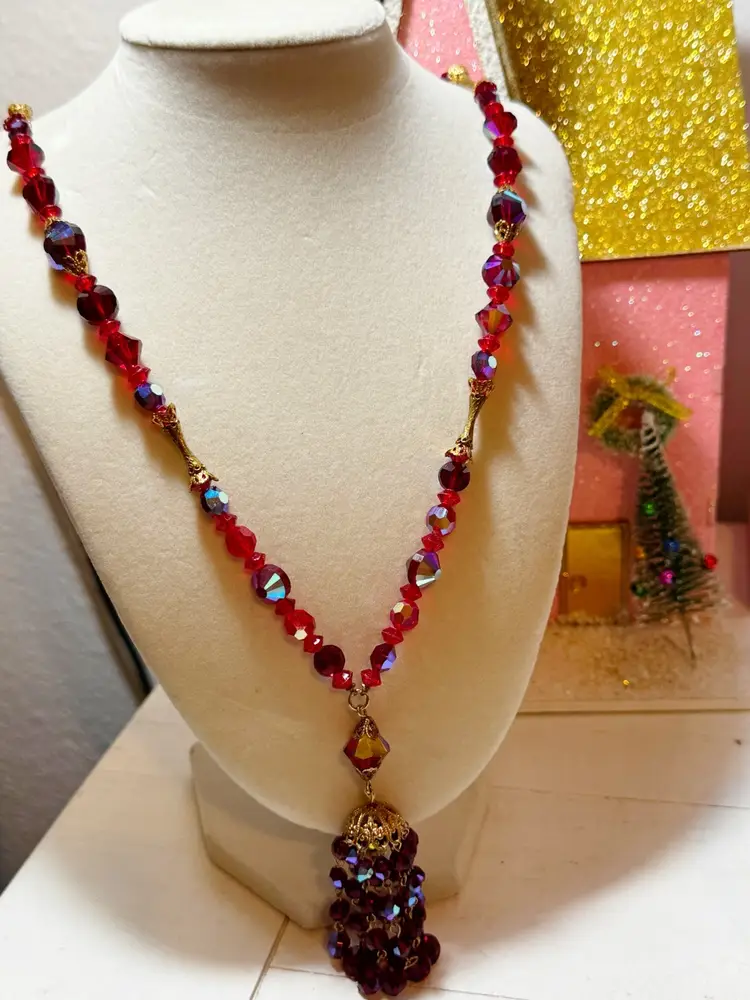 Stunning Vintage AB Crystal Tassel Necklace 20”