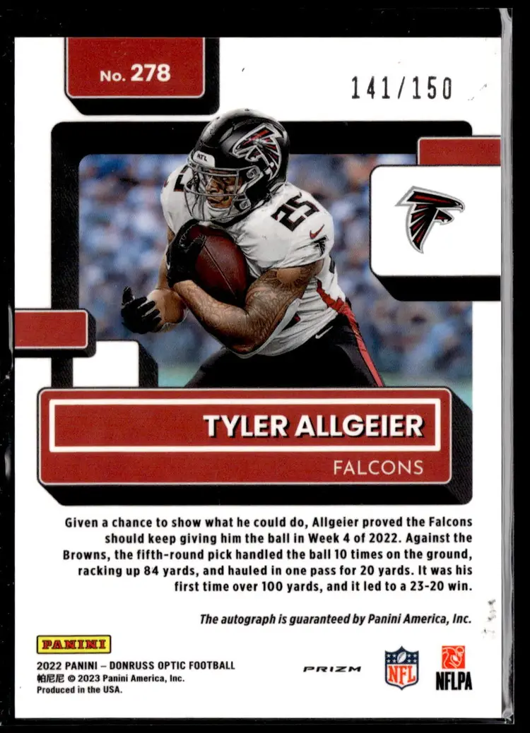 2022 Donruss Optic Football TYLER ALLGEIER Rated Rookie Auto /150 Prizm SP #278 FALCONS