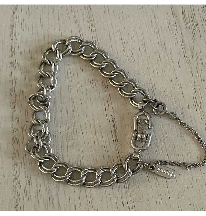 Vintage Monet Silver Tone Textured Chain Double Link Charm Bracelet, Signed