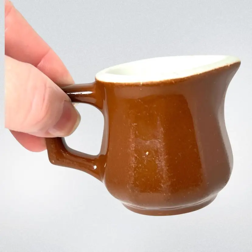 Hall U.S.A. Brown & White Little Spouted Creamer or Syrup Pitcher. Petite 2-7/8” long spout-to-handle x 1-3/4” wide x 2” tall.