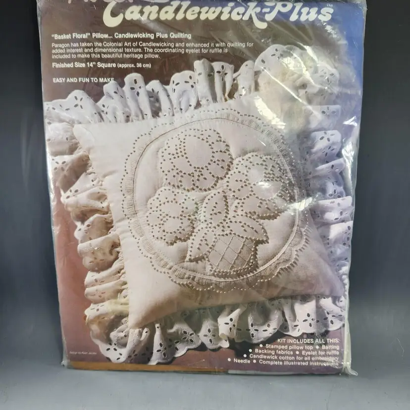 Candlewick Floral Basket Pillow Kit Paragon 14" Sewing Embroidery Craft Quilting Eyelet Lace NIP New Old Stock