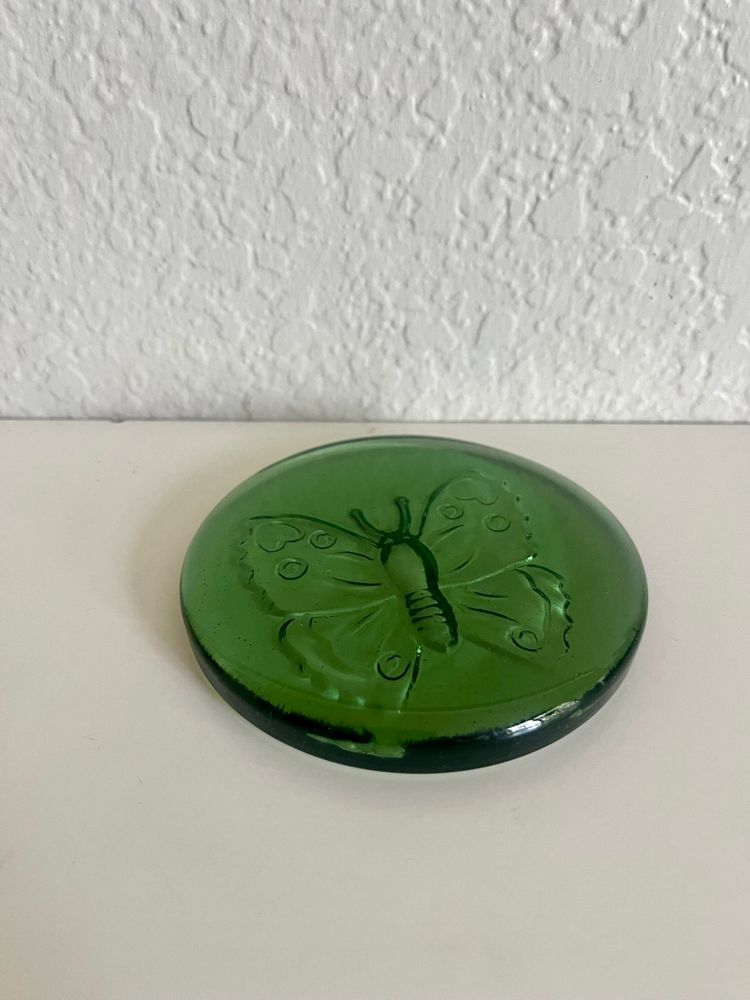 Vintage Green Glass Flat Round Embossed Butterfly Paper Weight