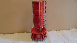 Darling Pre-Owned Red Expresso Cups and Saucers with Stand from World Market