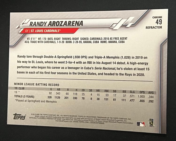 Randy Arozarena 2020 Topps Chrome Sepia Refractor #49 Rookie RC Seattle Mariners