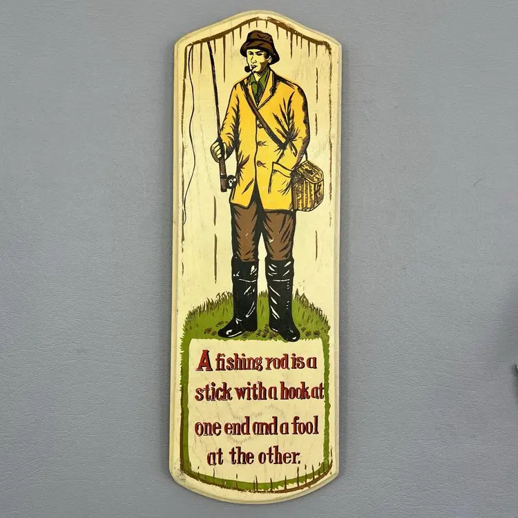 Vintage Wooden Fishing Sign V.G. Japan 14x4.25" A Fishing Rod Is A Stick With A