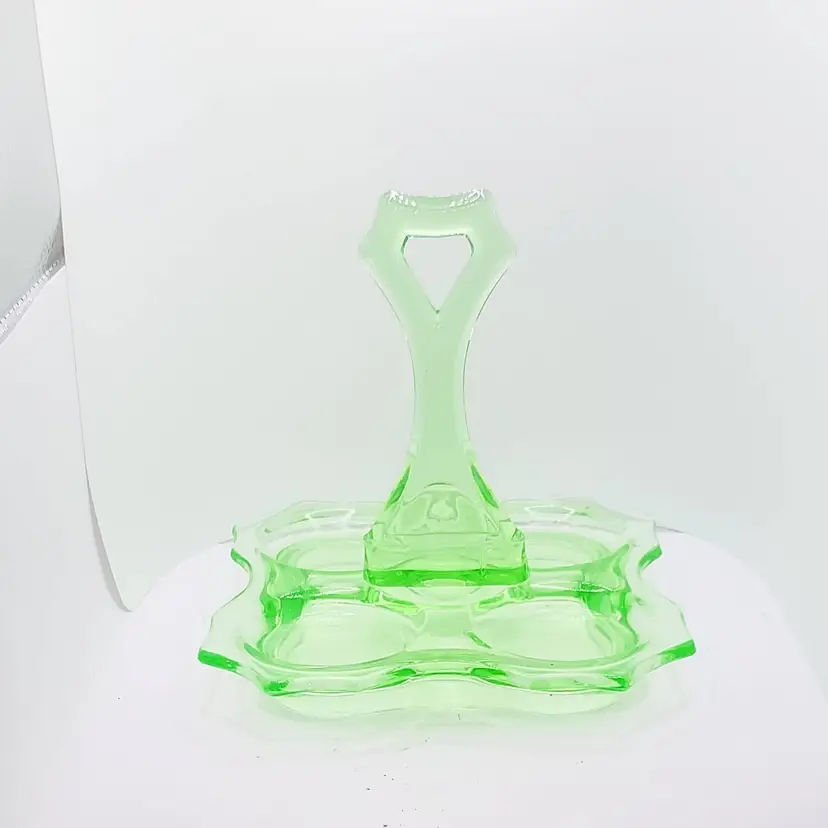 Vintage Cambridge Uranium Glass Bridge Set Tray with Handle UV Reactive