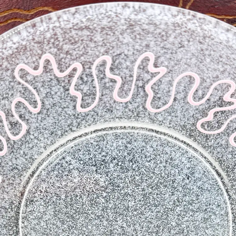 PINK SCRIBBLE Frosted GLASS PLATES Set/3 Dessert MCM 50s ATOMIC Eames Era