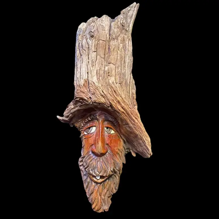 Vintage Wood Spirit Man Bark Carving Cabin Tree Signed James Bell 15”