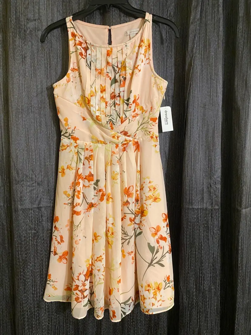 Dressbarn Women's Size Petite 4 Peach Colored Floral Chiffon Dress - New w/ Tags