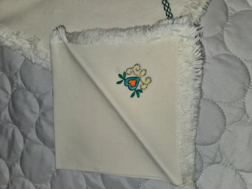 Vintage Hand-Embroidered White Napkins - Birds, Hearts & Floral Motifs, Fringed Edges (Set of 6+)