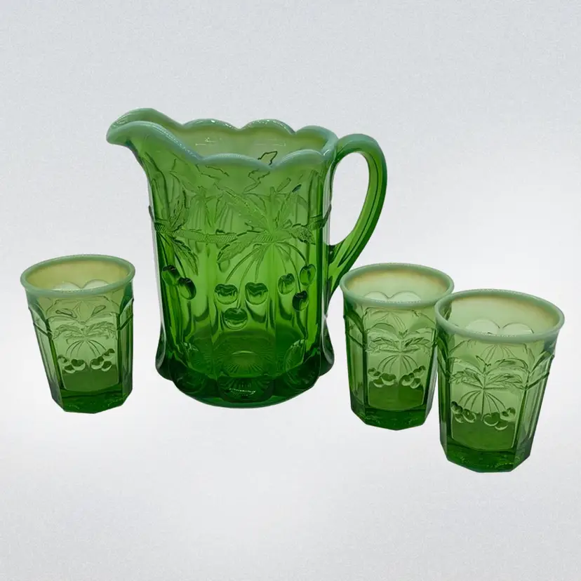 Pitcher w Glasses Mosser Glass Green Opalescent Cherry Thumbprint 44oz w Pair of Glasses + 1 Extra, Glow