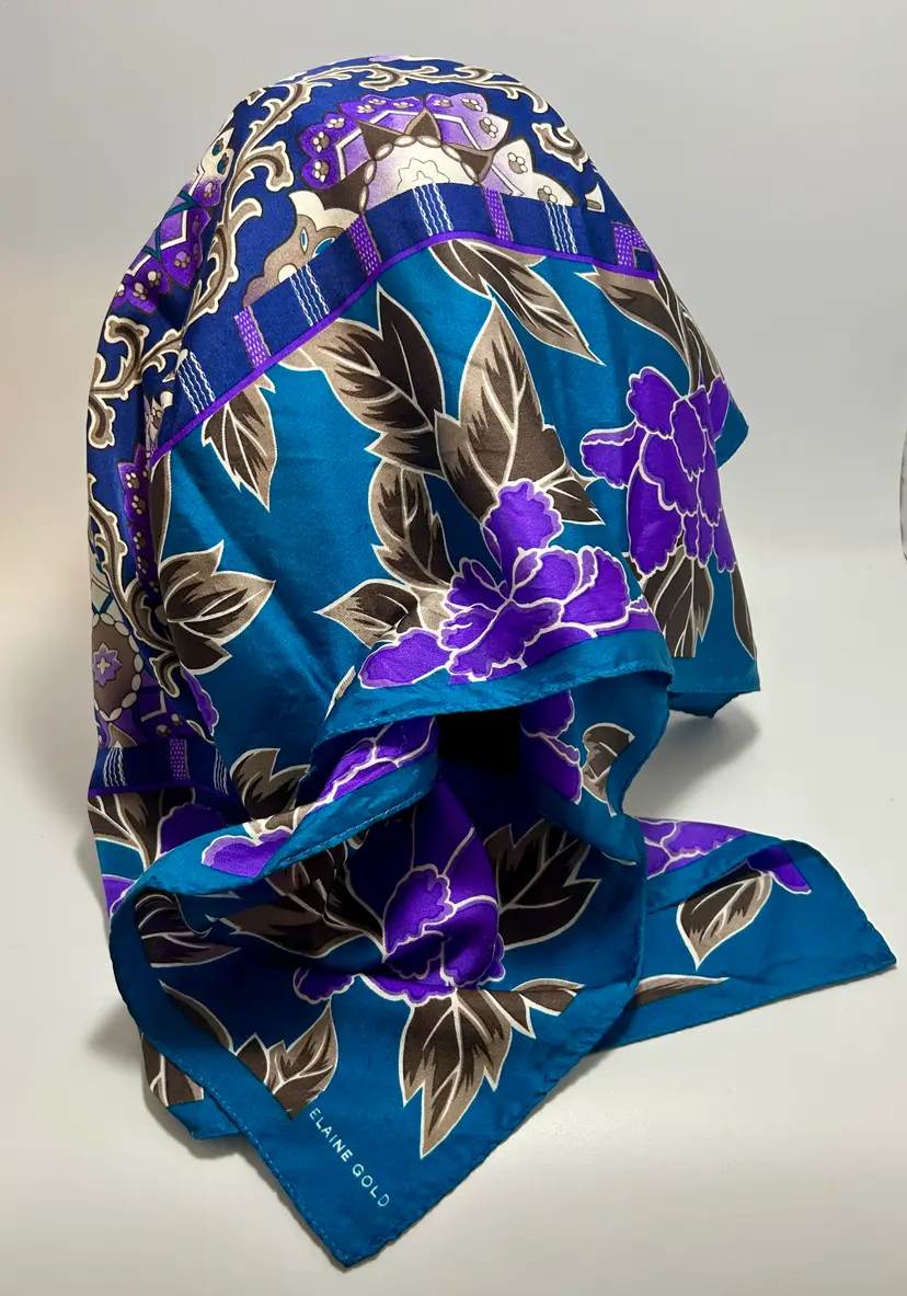 Vintage Eliane Gold Teal Blue with Purple Flower Silk Square Scarf 30" x 31"