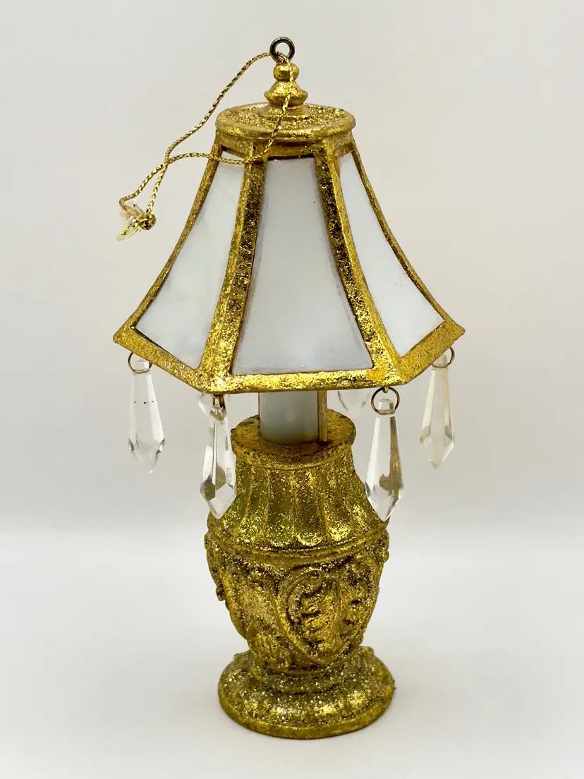 Vintage Gold Glitter Miniature Lamp with Crystal Accents, Light Up Christmas Holiday Ornament, By Kurt Adler, Made In China