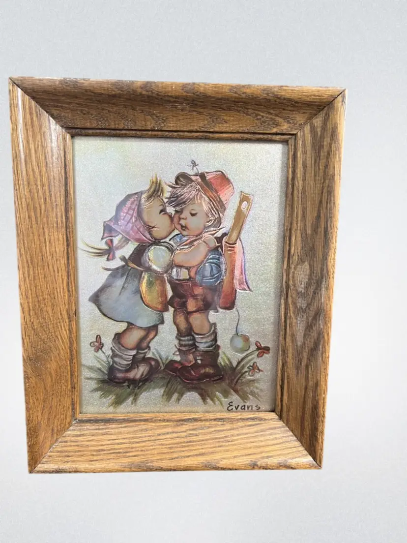 Hummel-by Evans-3D Children-Girl Giving Boy a Kiss. Professionally Framed in Oak.
