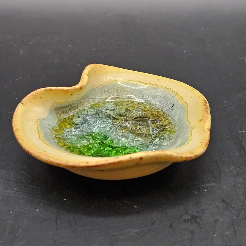 Art Pottery Fused Crackle Glass Trinket Dish Green Brown Glass Crystals