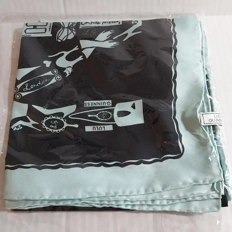 Vintage RARE, NIP LULU GUINNESS Turquoise and Black Square Silk Scarf, 35x35 in.