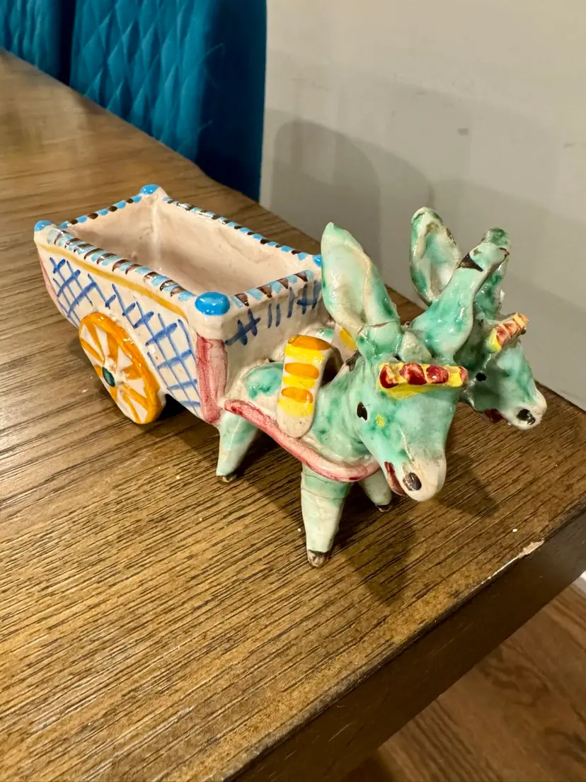 7x2x3” ears repaired vintage Italian pottery donkey and cart planter. HE HAS REPAIRS