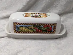 VTG Ceramic Farm Fresh Butter Dish Covered Lid Farmhouse Cottage Vegetables Corn Checkered