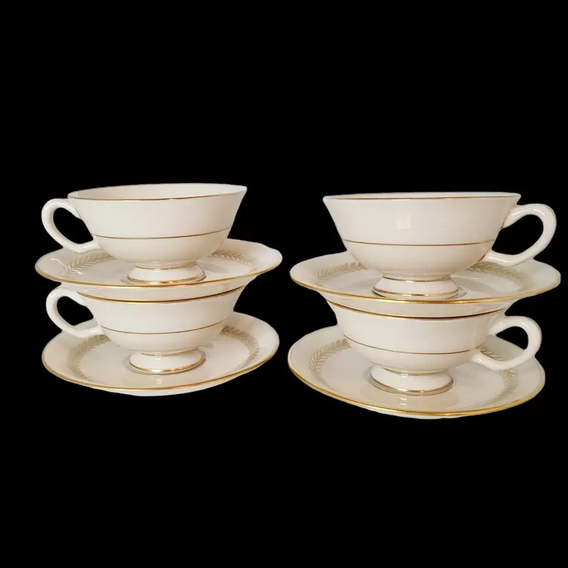 Vtg Set of 4 LENOX Imperial Ivory China Gold Laurel Trim Tea Cup Saucer Green