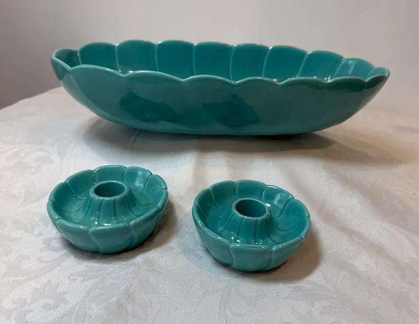 Vintage Mid-Century Turquoise Serving Bowl with 2 Candlestick Holders