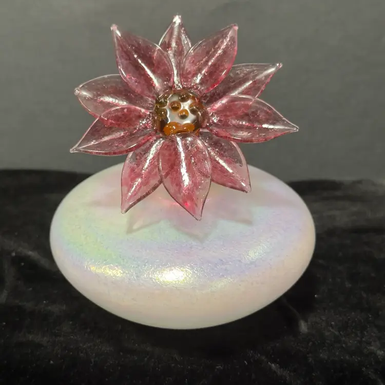 #1418 Vintage White Iridescent Glass Perfume Bottle With Pink Glass Flower Dauber Stopper