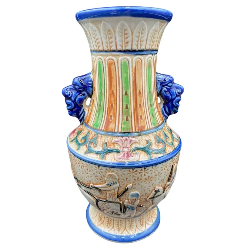 Vintage Ceramic Vase, Made in Japan, Egyptian/Etruscan Chariots, Face Handles