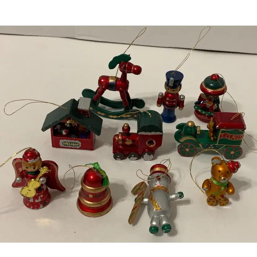 Lot of 10 Vintage Wood Metallic Painted Whimsical Christmas Ornaments 