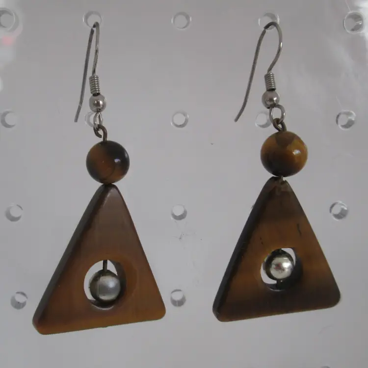 Vintage Artisan Polished Tiger Eye Triangular Geometric Drop Earrings