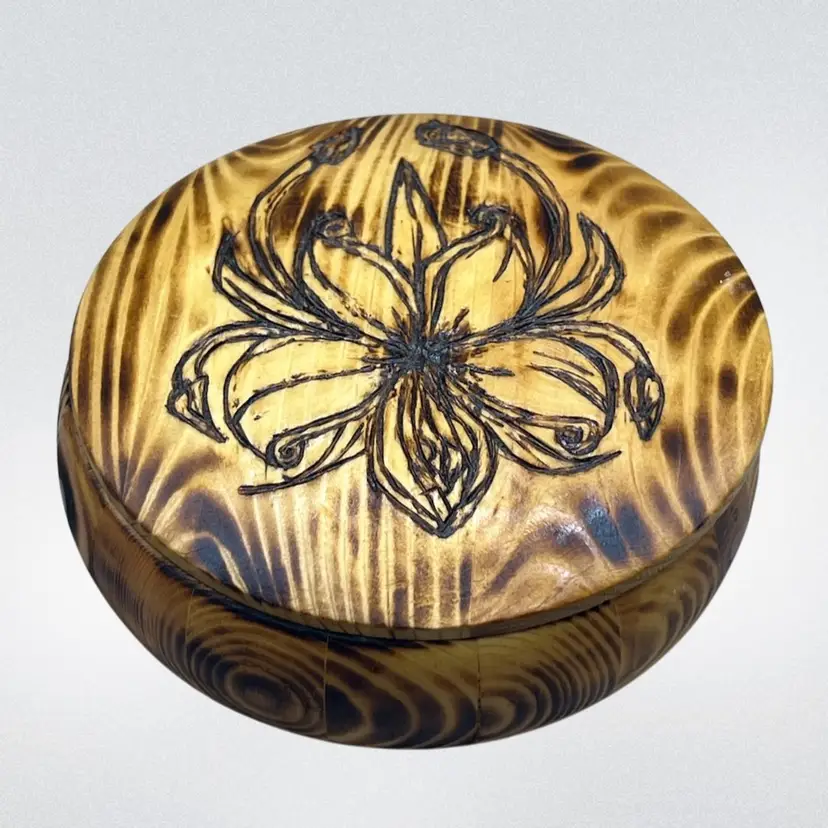Burned Wood Trinket Box With Flower Design 5”