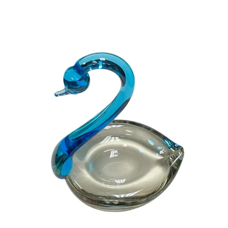 #0201 Large Blue And Clear Art Glass Swan Dish 7.5 Inch X 6 Inch