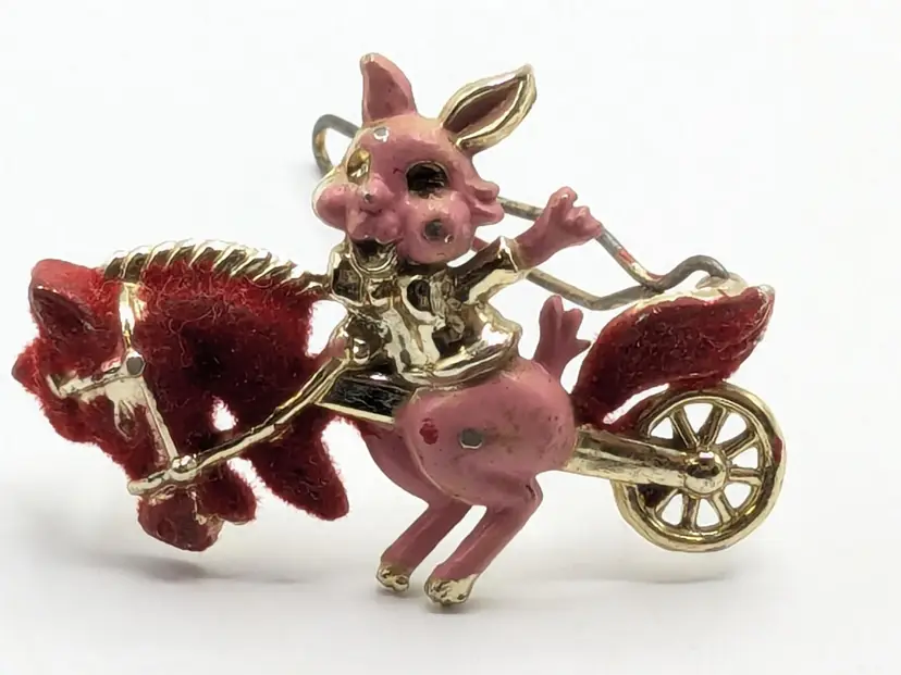 Vintage Pink Bunny on Horse Cart Enameled Hair Barrette