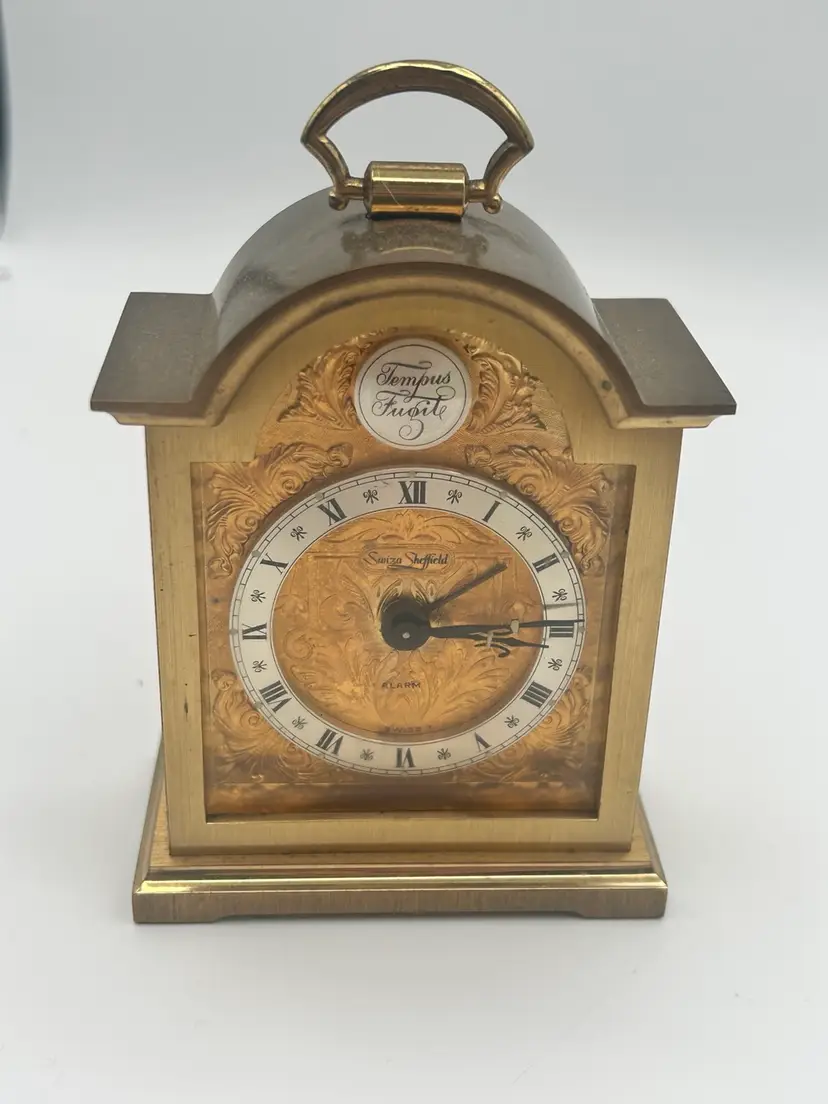 Swiss 8 Day Tempus Fugit Vintage Carriage Alarm Clock Swiss Made Collectable 4” Tall