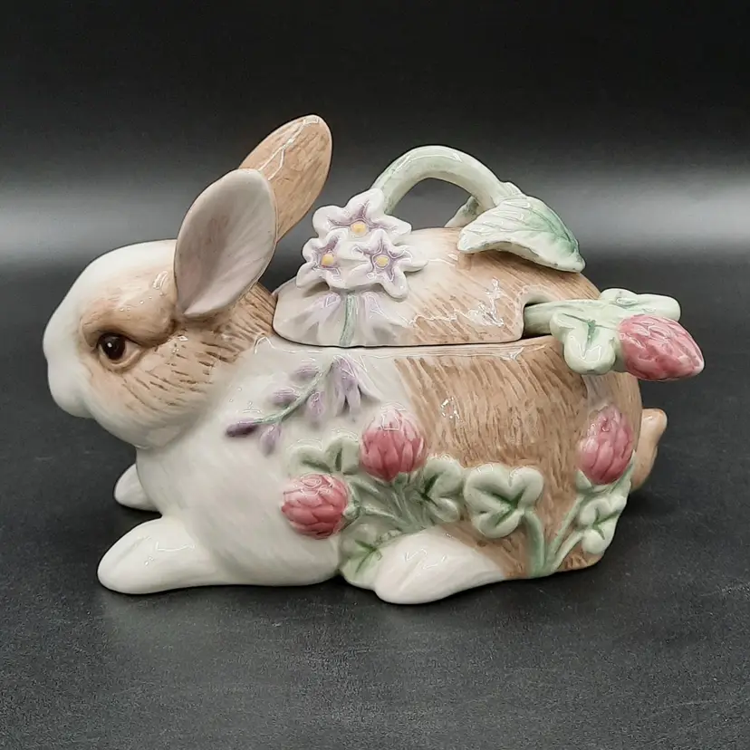 Fitz & Floyd Botanical Bunny Rabbit Lidded Sugar Bowl Dish w/Spoon