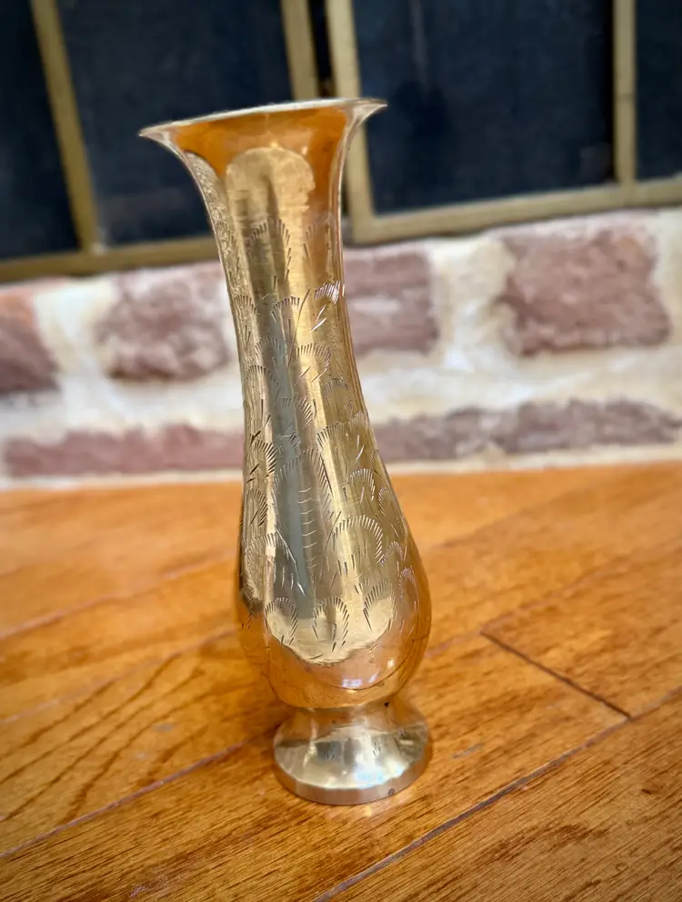 Vintage Etched Brass Vase – Handcrafted Floral Design