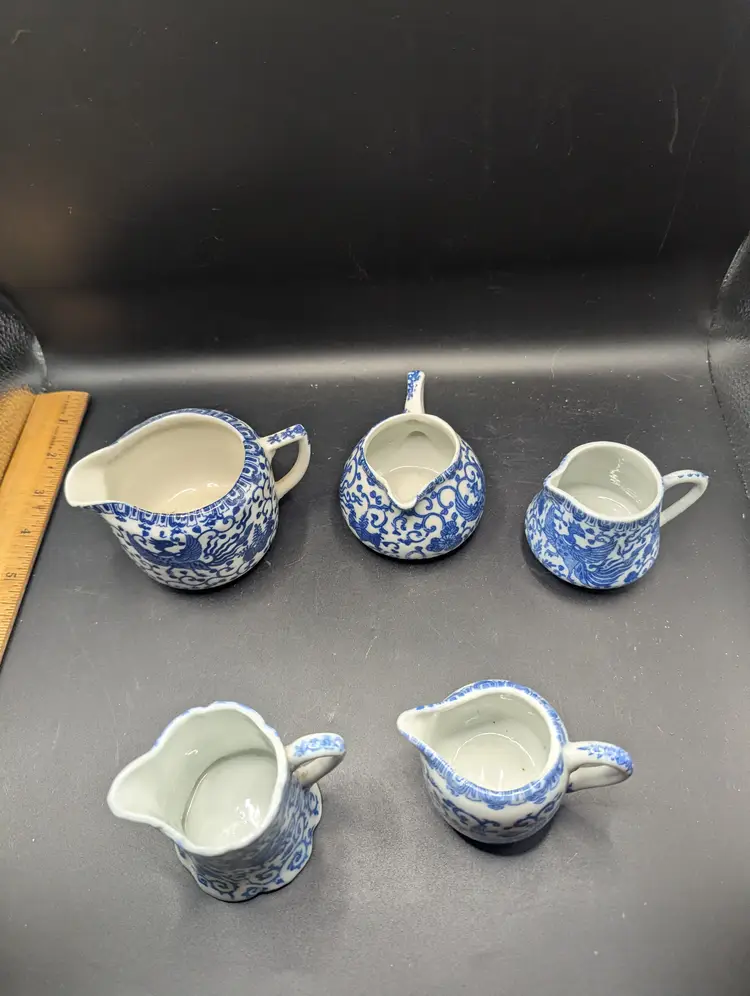 Vintage Lot of 5 Vintage Porcelain Blue & White Flying Phoenix Creamers Japan Various Maker's and Sizes.