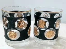 MCM Libby Low Ball Glasses. Embossed Gold Coin Design