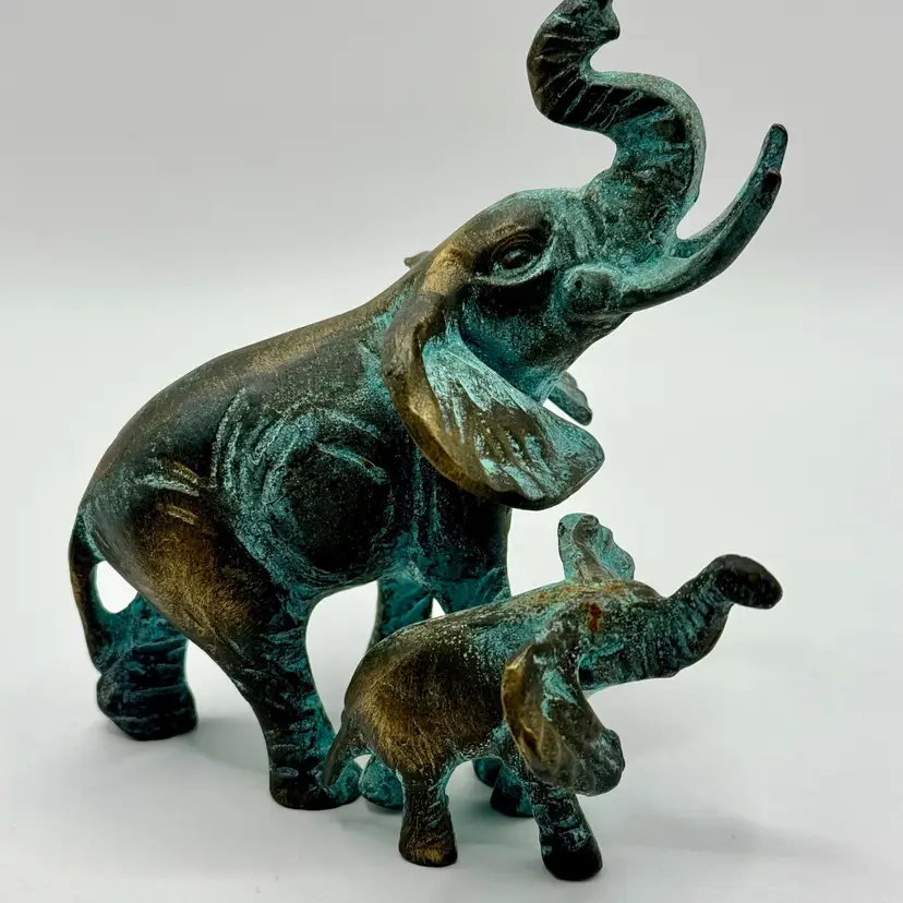 Vintage MCM Elephant and Calf Patina Figurine, Bronze Metal with Verdigris Finish, Decorative Collectible MCM, Unbranded