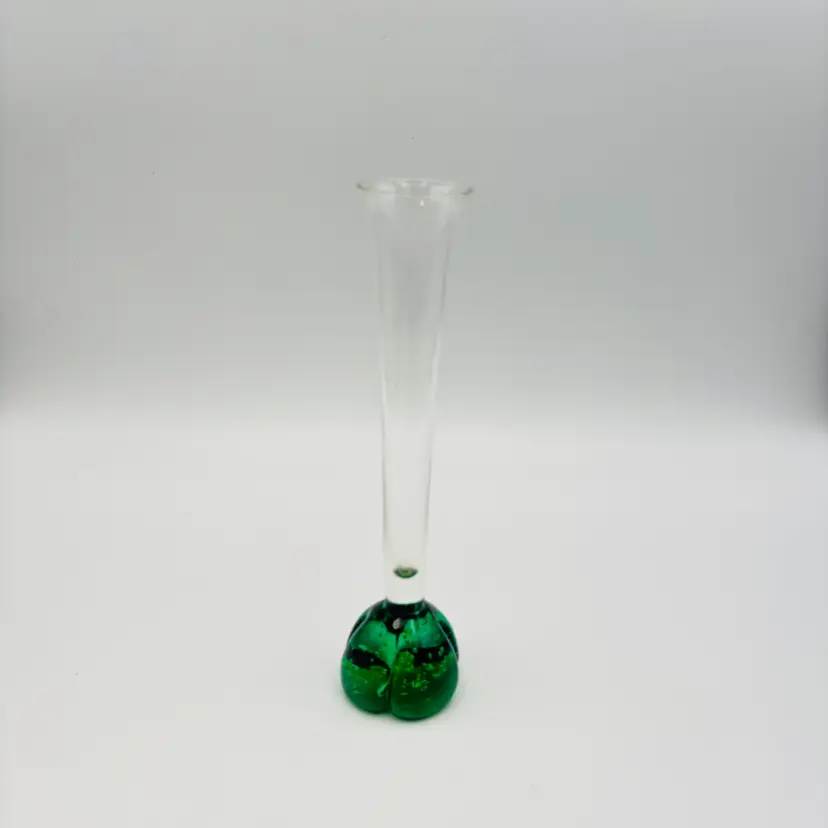 Vintage Art Green Blown Glass Bud Vase 8in Tall Green Controlled Bubbles